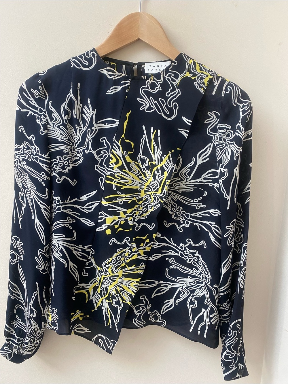 Tanya Taylor Navy Floral-Print Long-Sleeve Blouse with Yellow Accents